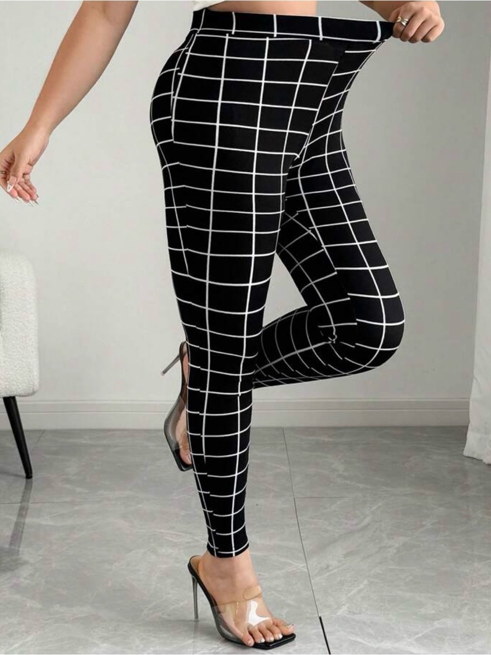 SHEIN Black Pants with White Windowpane Grid